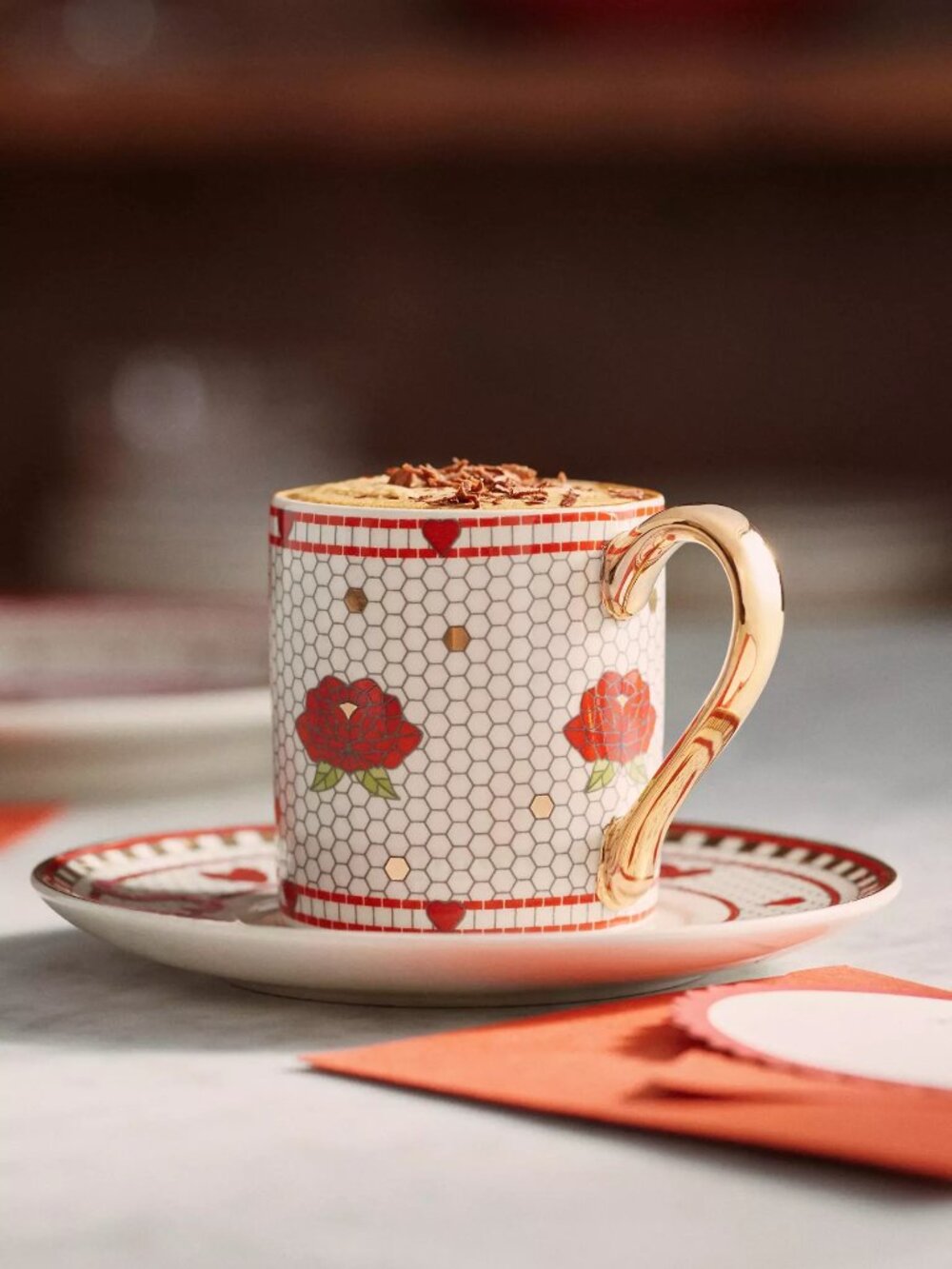 Anthropologie Bistro Tile Stoneware 24k Gold Valentine’s Espresso Cup & Saucer